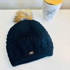 UGG Dark Knit Beanie with Faux Fur Pom